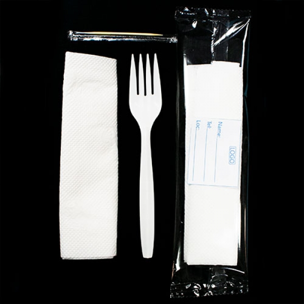 D0009: Customised Medium Quality 3 in 1 (fork, tissue, toothpick). 400 pieces per bag