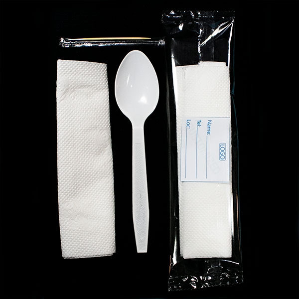 D0008: Customised Medium Quality 3 in 1 (spoon, tissue, toothpick). 400 pieces per bag