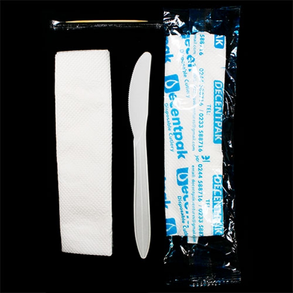 D0004: Decentpak 3 in 1 (knife, tissue, toothpick). 400 pieces per bag