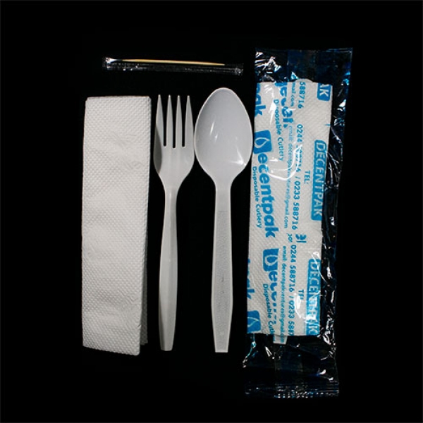 D0005: Decentpak 4 in 1 (spoon, fork, tissue, toothpick). 400 pieces per bag