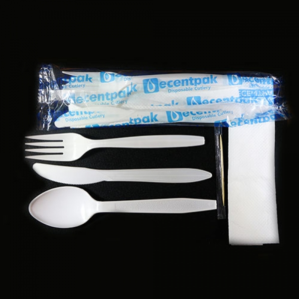 D0007: Decentpak 5 in 1 (spoon, fork, knife, tissue, toothpick). 400 pieces per bag